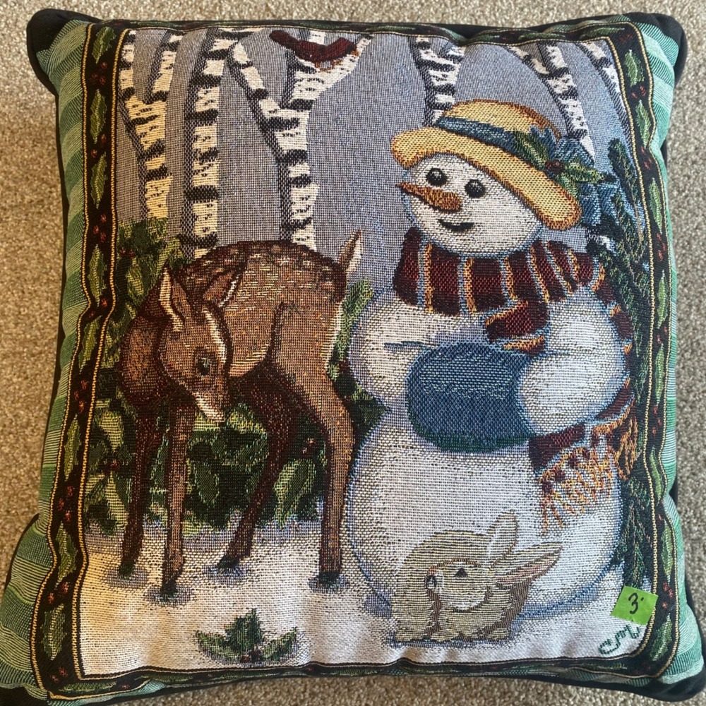 Claire Murray Winter Friends Tapestry Throw Pillow Snowman Deer Made in USA